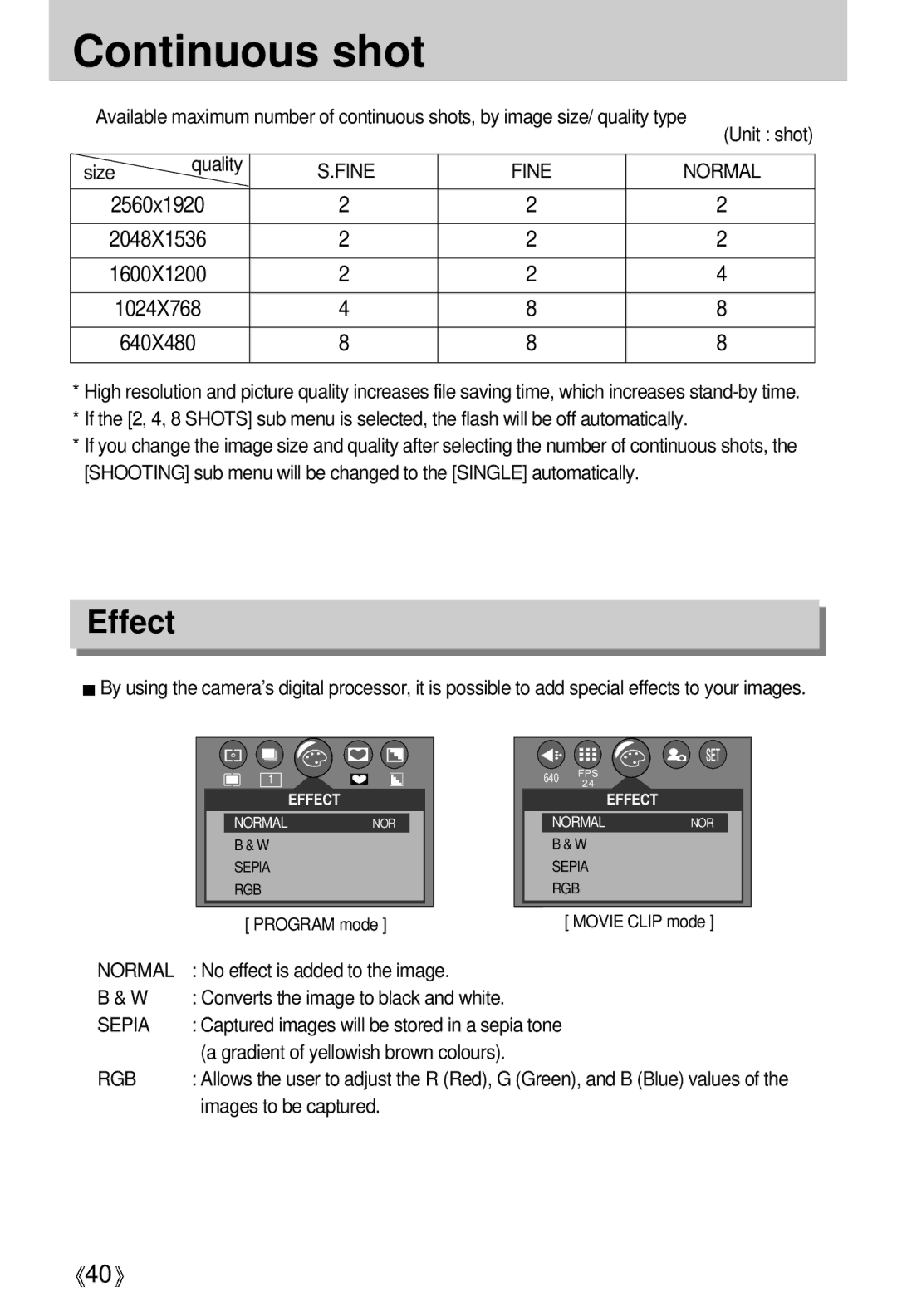 Samsung U-CA 501 user manual Continuous shot, Effect, Fine Normal, Sepia 