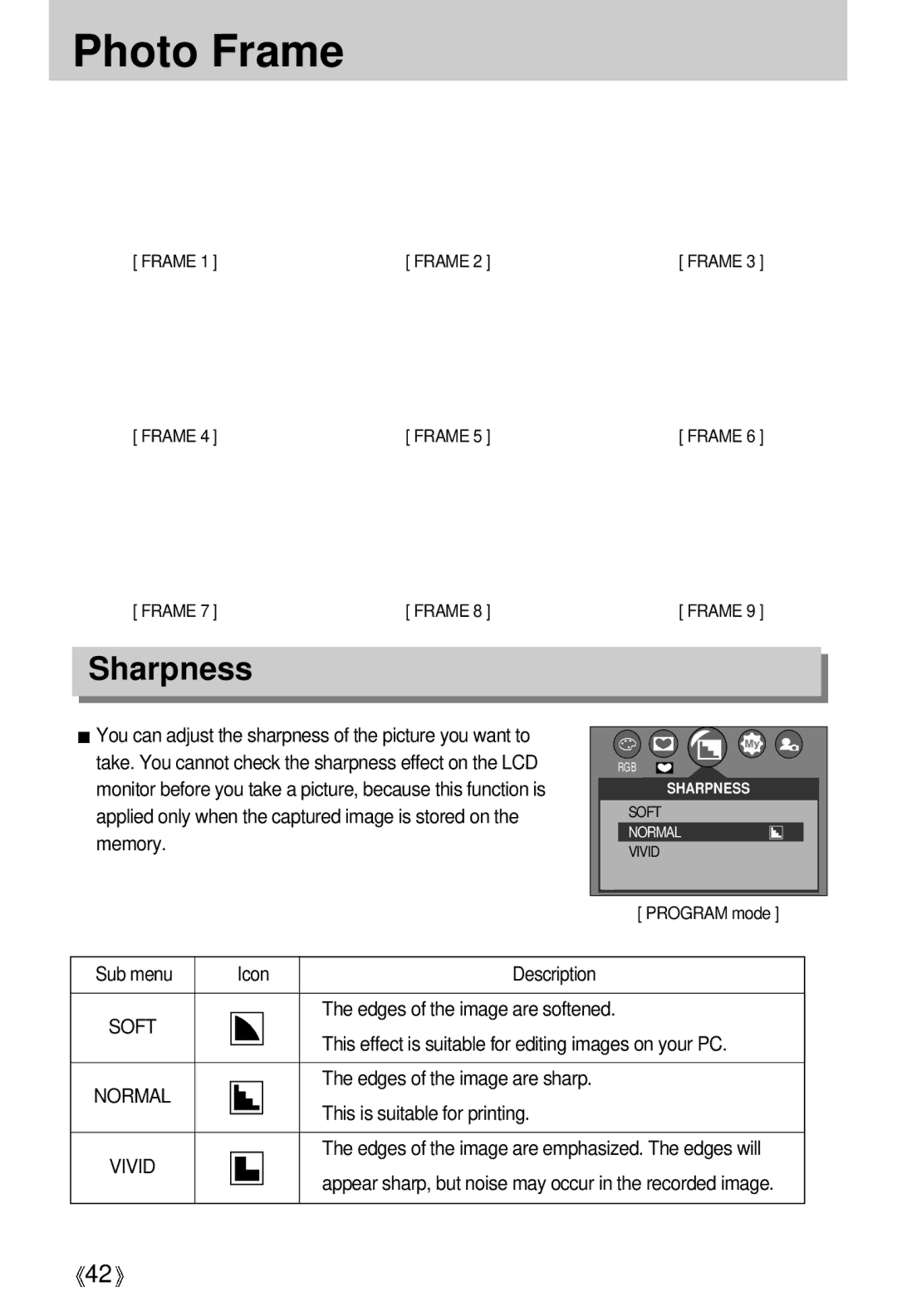 Samsung U-CA 501 user manual Photo Frame, Sharpness, Soft, Vivid 