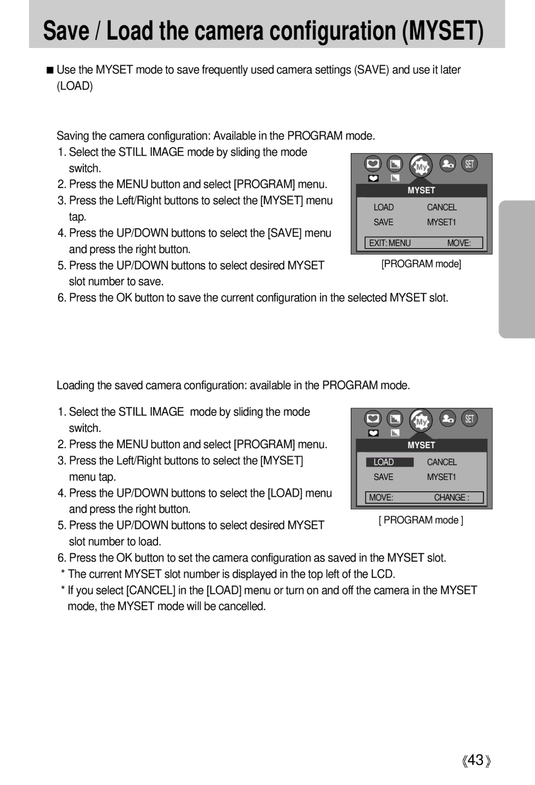 Samsung U-CA 501 user manual Tap, Press the right button, Press the Left/Right buttons to select the Myset, Menu tap 