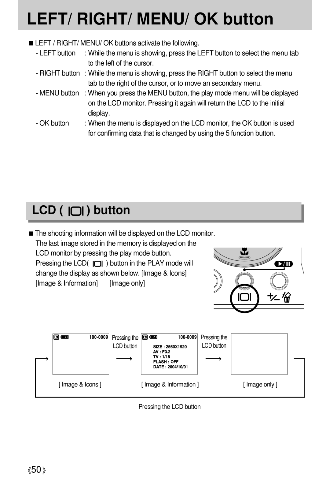 Samsung U-CA 501 user manual LEFT/ RIGHT/ MENU/ OK button, LCD button, Display 