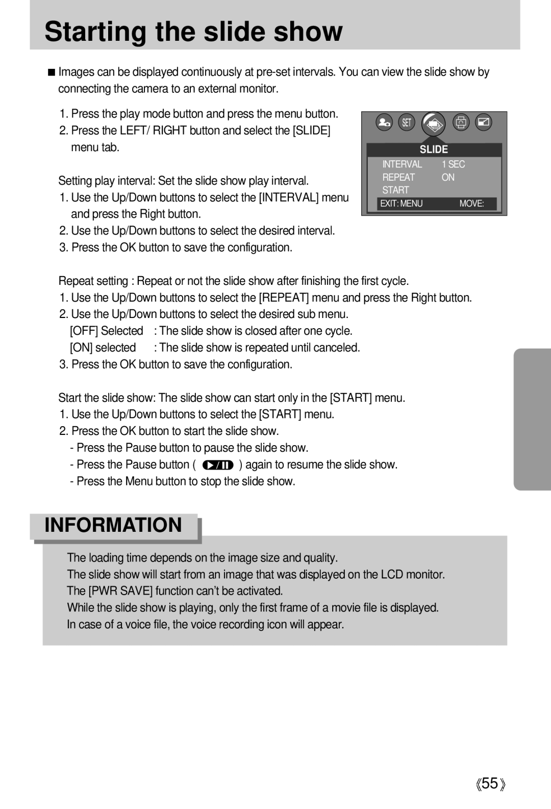 Samsung U-CA 501 user manual Starting the slide show, Press the OK button to save the configuration, On selected 