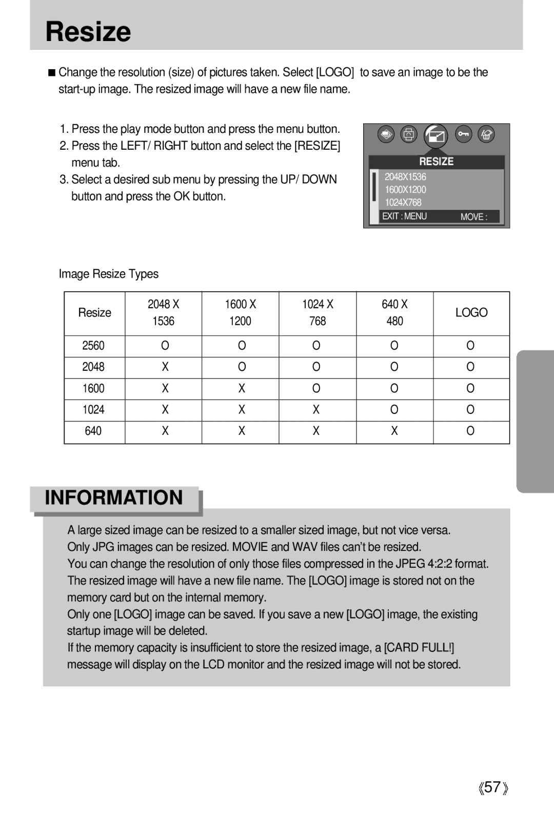 Samsung U-CA 501 user manual Image Resize Types 2048 1600 1024 640, Logo 