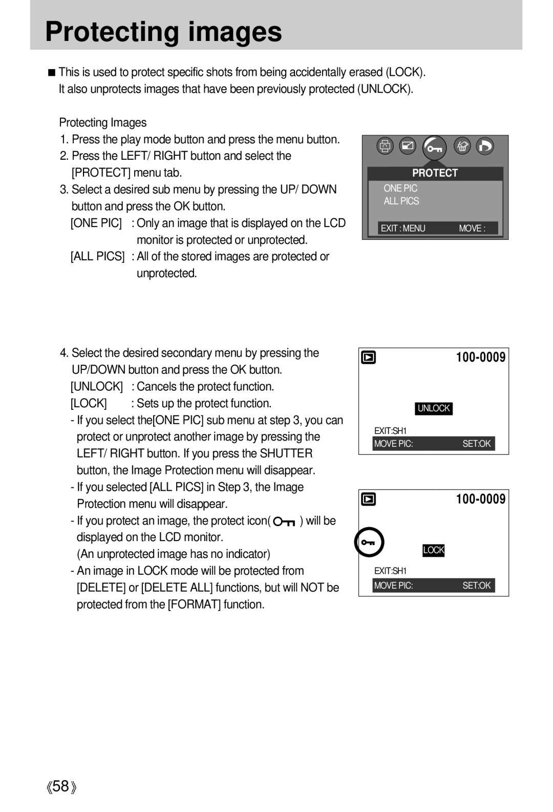 Samsung U-CA 501 user manual Protecting images, ALL Pics, Lock 