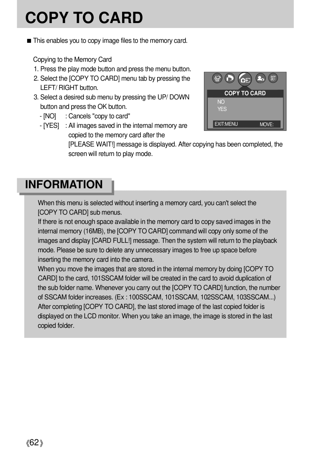 Samsung U-CA 501 user manual Copying to the Memory Card, LEFT/ Right button, Copied to the memory card after 