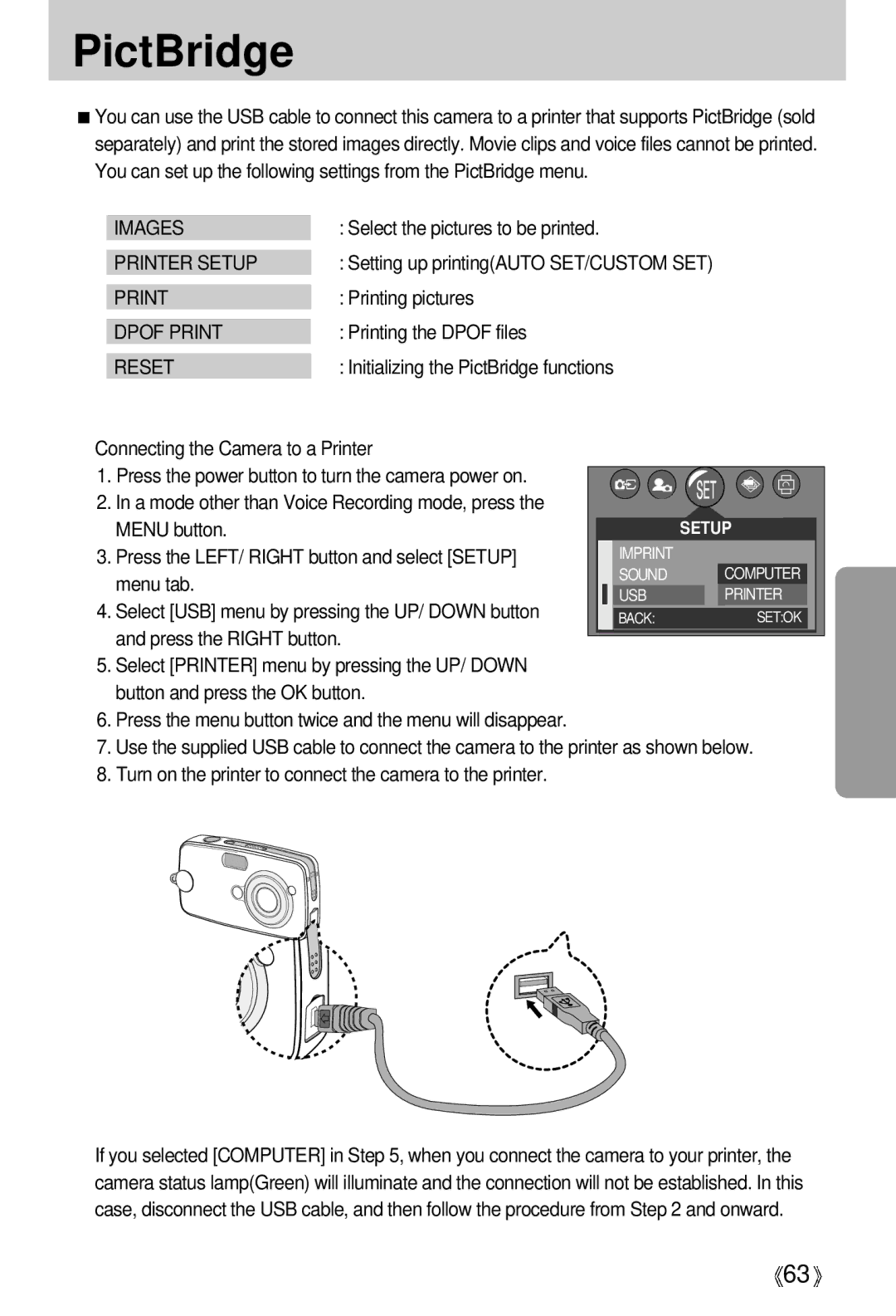 Samsung U-CA 501 user manual PictBridge, Images, Printer Setup 