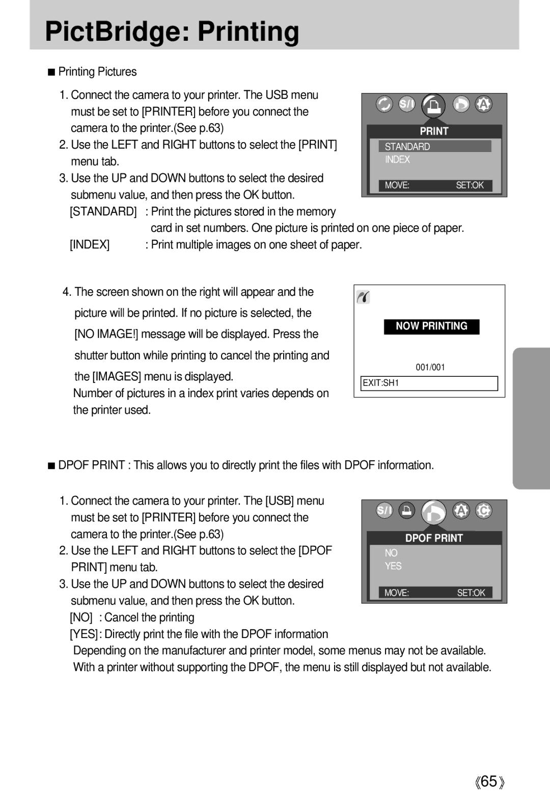 Samsung U-CA 501 user manual PictBridge Printing, Standard, Print the pictures stored in the memory 