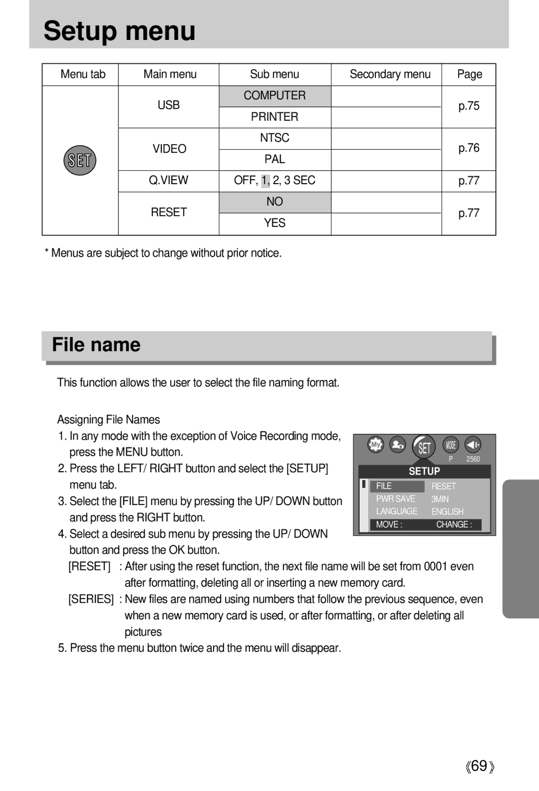 Samsung U-CA 501 user manual File name, USB Computer Printer, Ntsc, Sec, Reset YES 