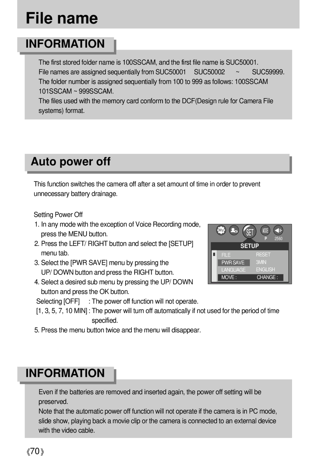 Samsung U-CA 501 user manual File name, Auto power off 