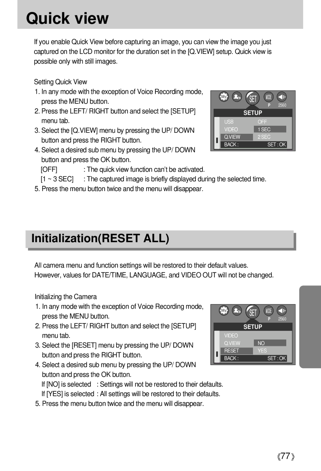 Samsung U-CA 501 user manual InitializationRESET ALL, Quick view function can’t be activated, ~ 3 SEC 