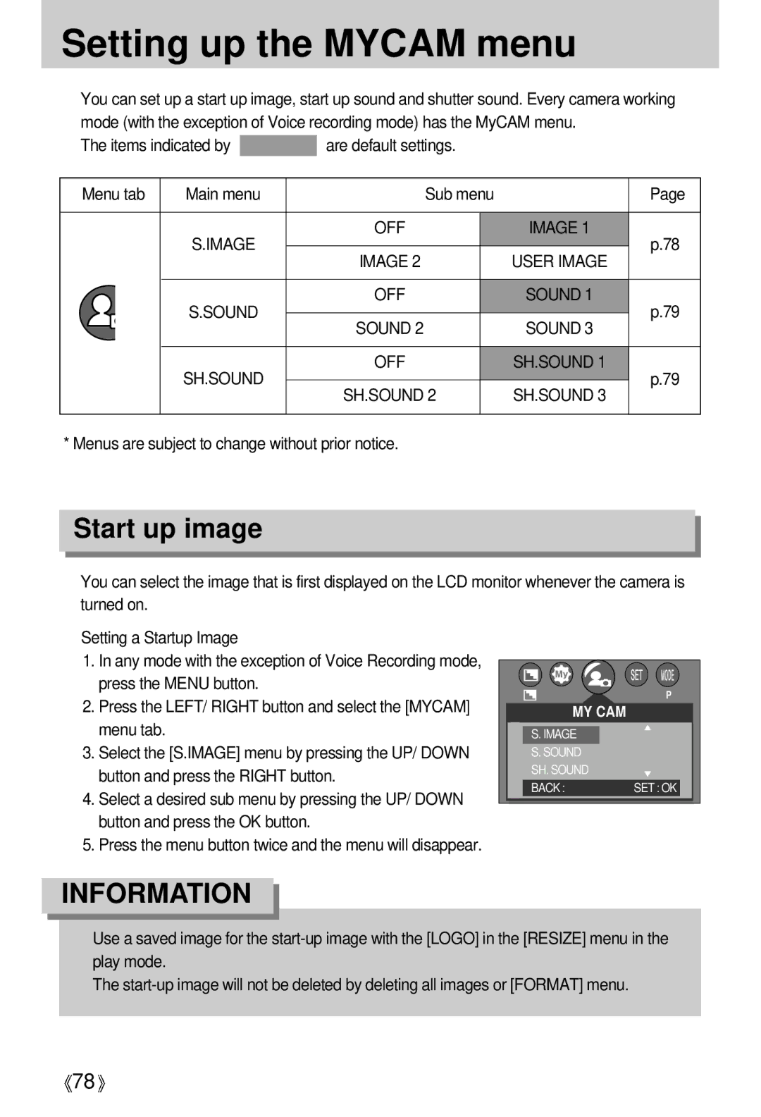 Samsung U-CA 501 user manual Setting up the Mycam menu, Start up image, User Image 