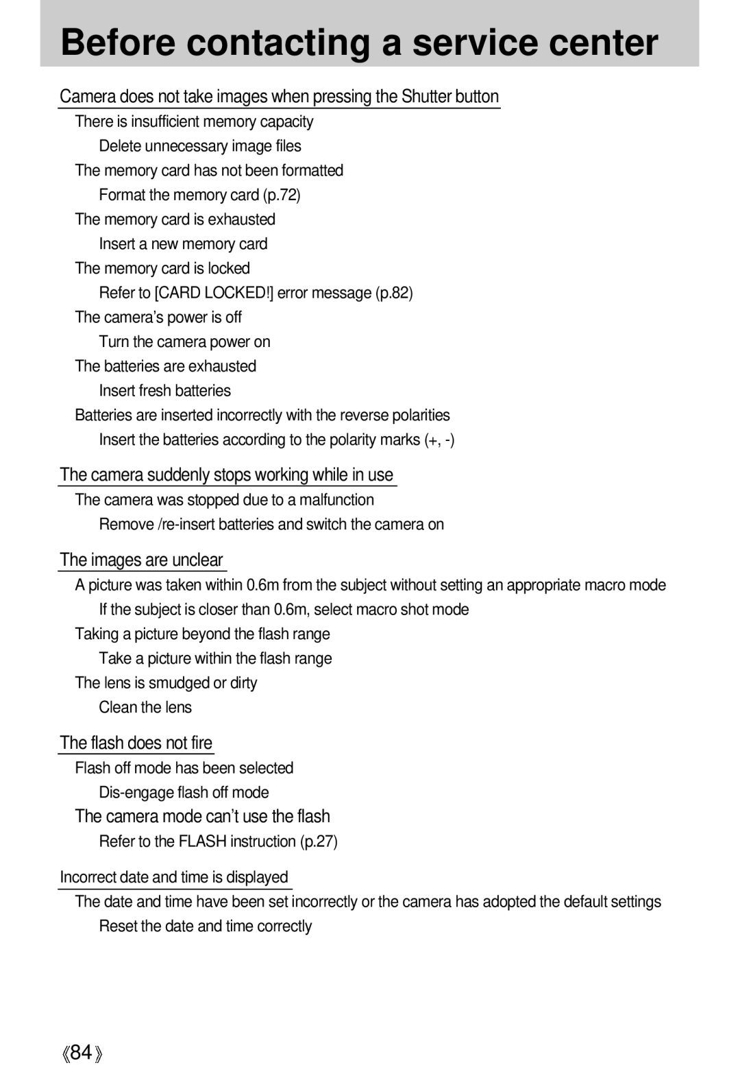 Samsung U-CA 501 user manual Before contacting a service center, Flash off mode has been selected Dis-engage flash off mode 