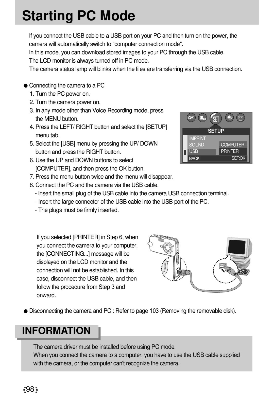 Samsung U-CA 501 Starting PC Mode, Select the USB menu by pressing the UP/ Down, Use the UP and Down buttons to select 