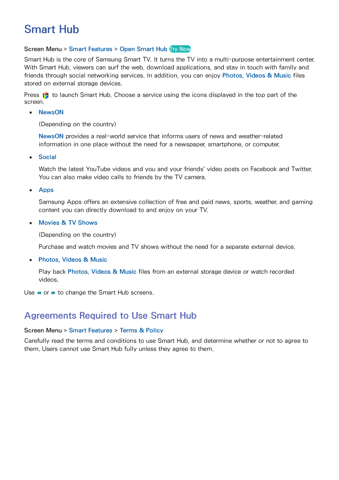 Samsung UA110S9ARXUM, UA110S9VRXUM, UA110S9VRXZN manual Agreements Required to Use Smart Hub 