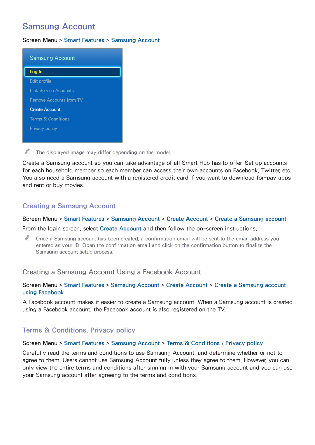 Samsung UA110S9VRXUM, UA110S9VRXZN, UA110S9ARXUM manual Creating a Samsung Account, Terms & Conditions, Privacy policy 