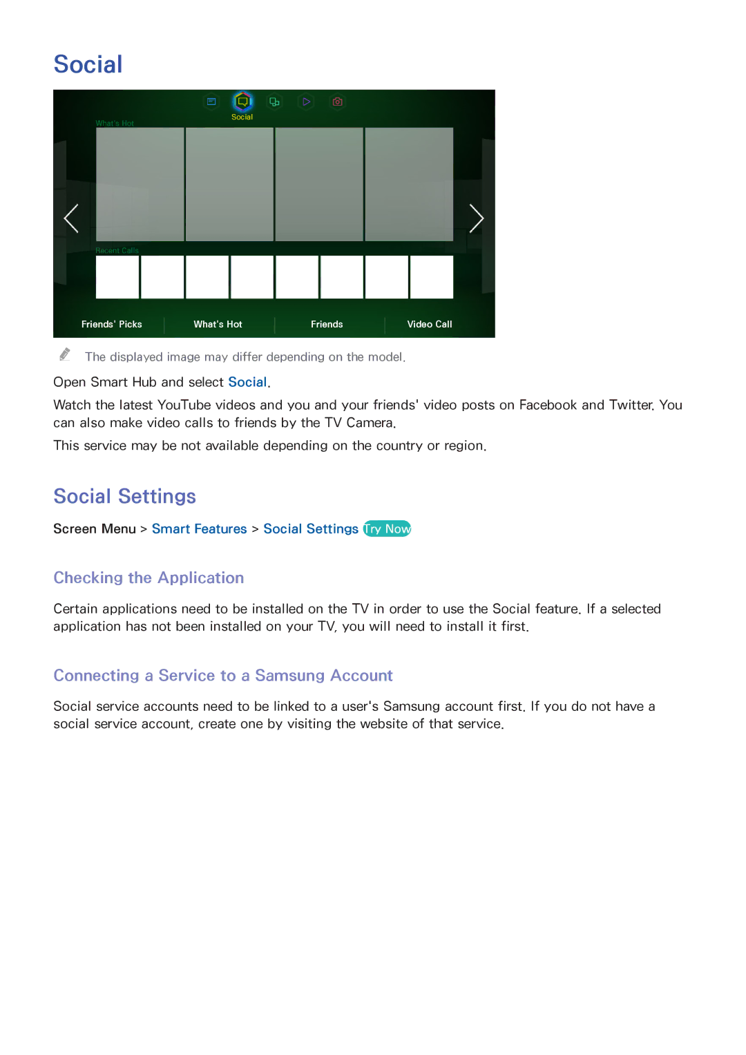 Samsung UA110S9ARXUM manual Social Settings, Checking the Application, Connecting a Service to a Samsung Account 