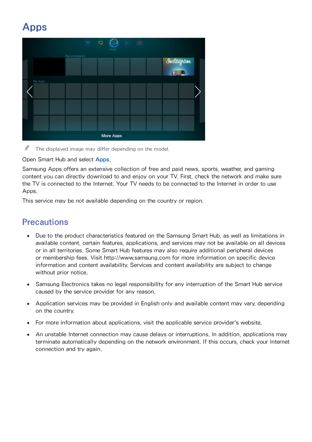 Samsung UA110S9VRXZN, UA110S9VRXUM, UA110S9ARXUM manual Apps, Precautions 