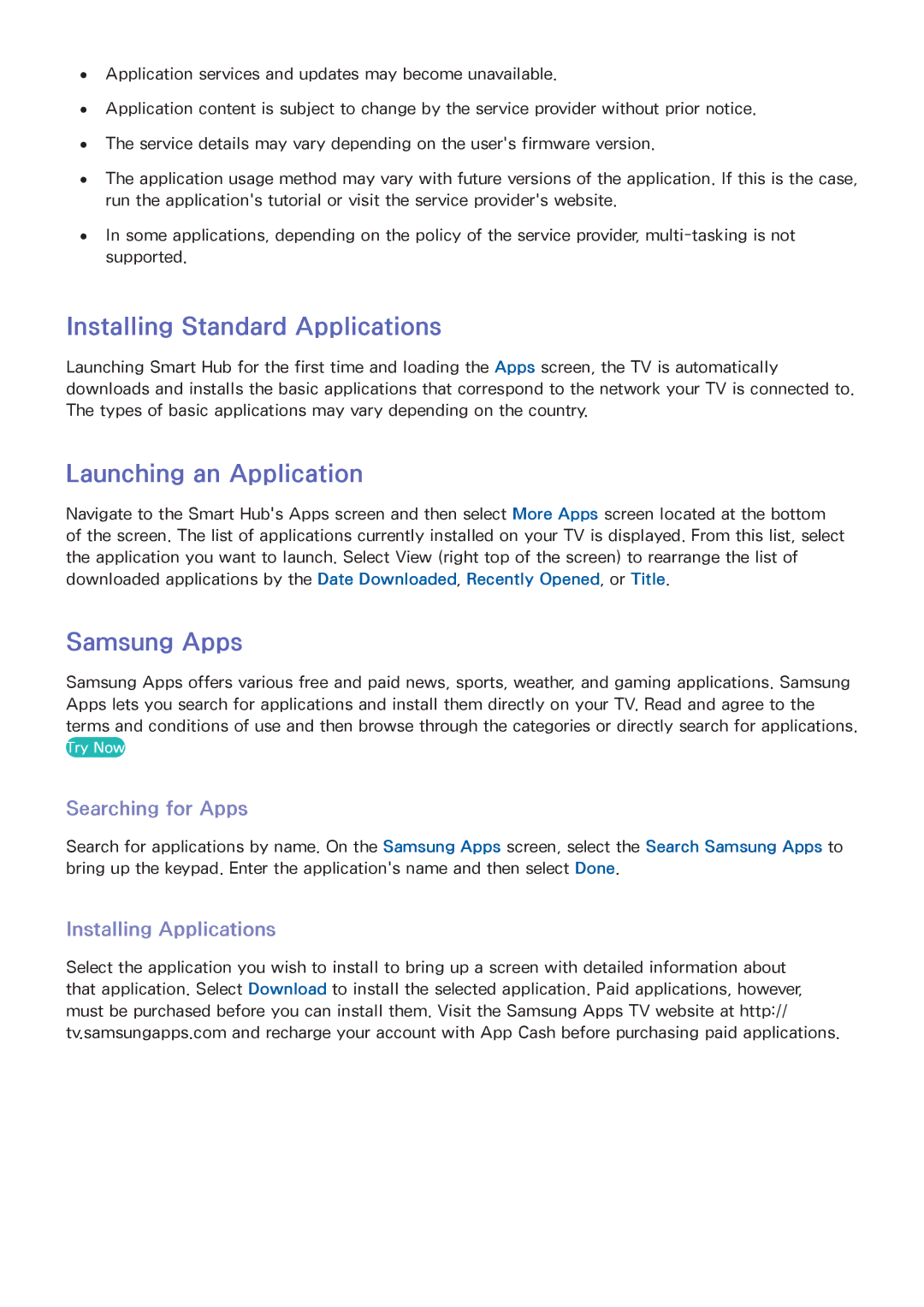 Samsung UA110S9ARXUM manual Installing Standard Applications, Launching an Application, Samsung Apps, Searching for Apps 