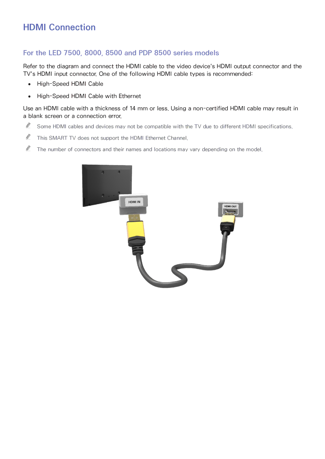 Samsung UA110S9VRXUM, UA110S9VRXZN, UA110S9ARXUM Hdmi Connection, For the LED 7500, 8000, 8500 and PDP 8500 series models 