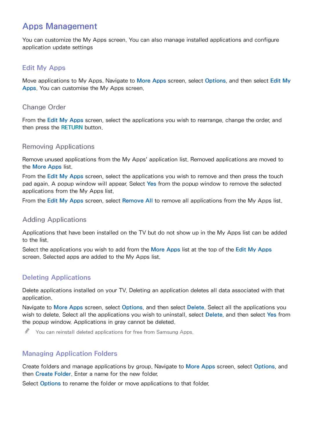 Samsung UA110S9VRXUM, UA110S9VRXZN manual Apps Management, Edit My Apps, Deleting Applications, Managing Application Folders 