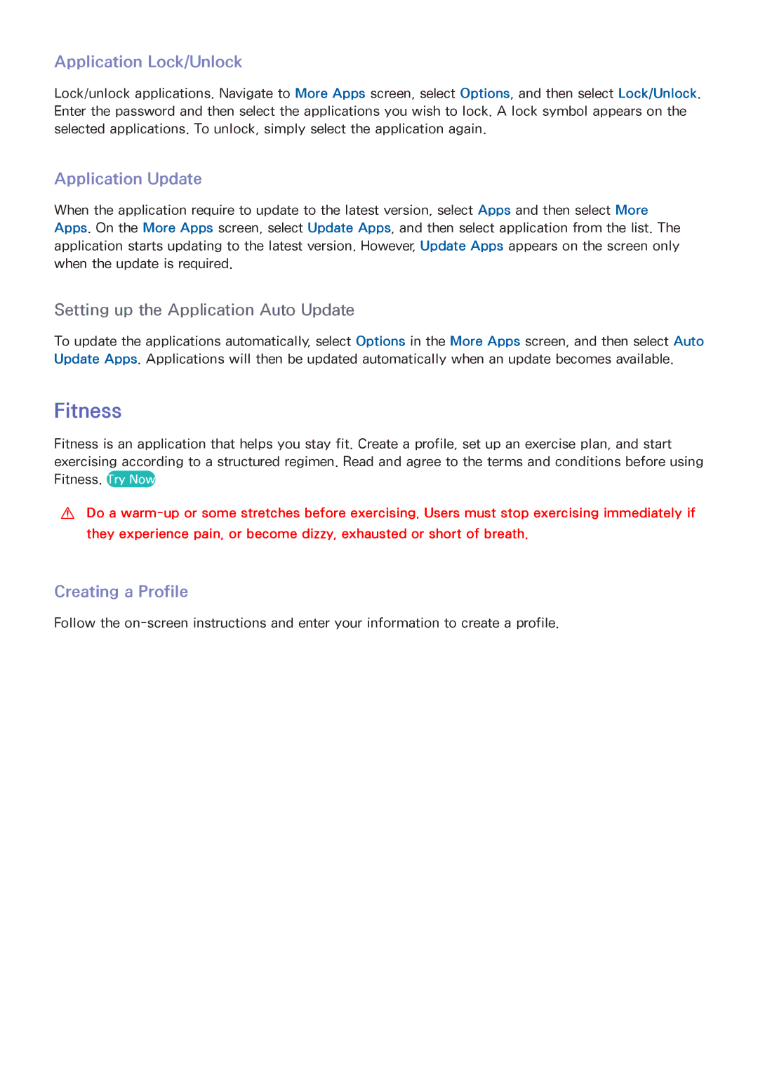 Samsung UA110S9VRXZN, UA110S9VRXUM, UA110S9ARXUM Fitness, Application Lock/Unlock, Application Update, Creating a Profile 