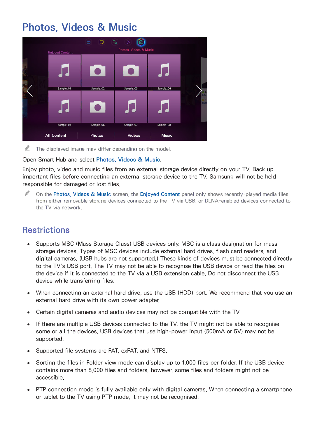 Samsung UA110S9VRXUM, UA110S9VRXZN, UA110S9ARXUM manual Photos, Videos & Music, Restrictions 