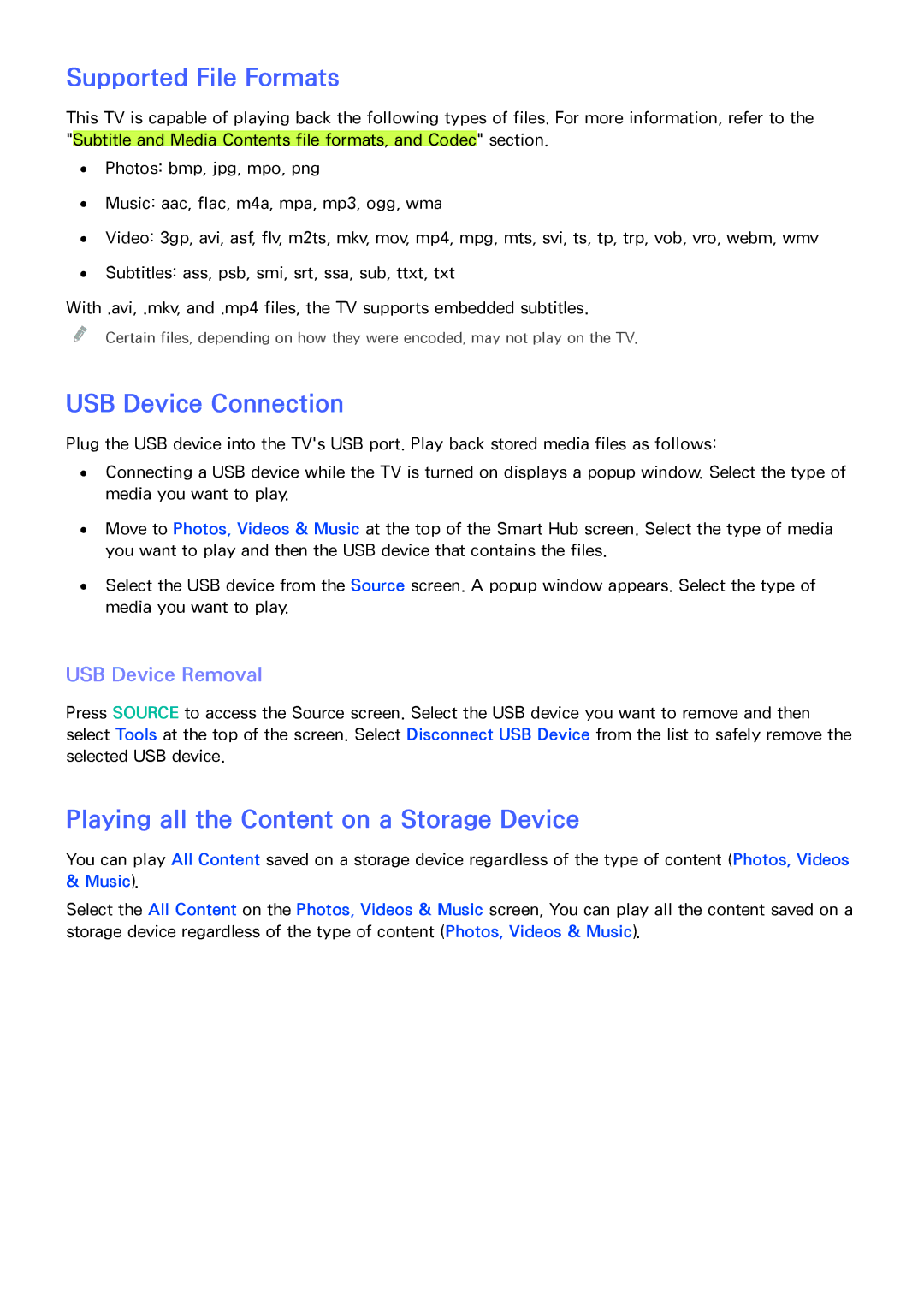 Samsung UA110S9VRXZN manual Supported File Formats, USB Device Connection, Playing all the Content on a Storage Device 