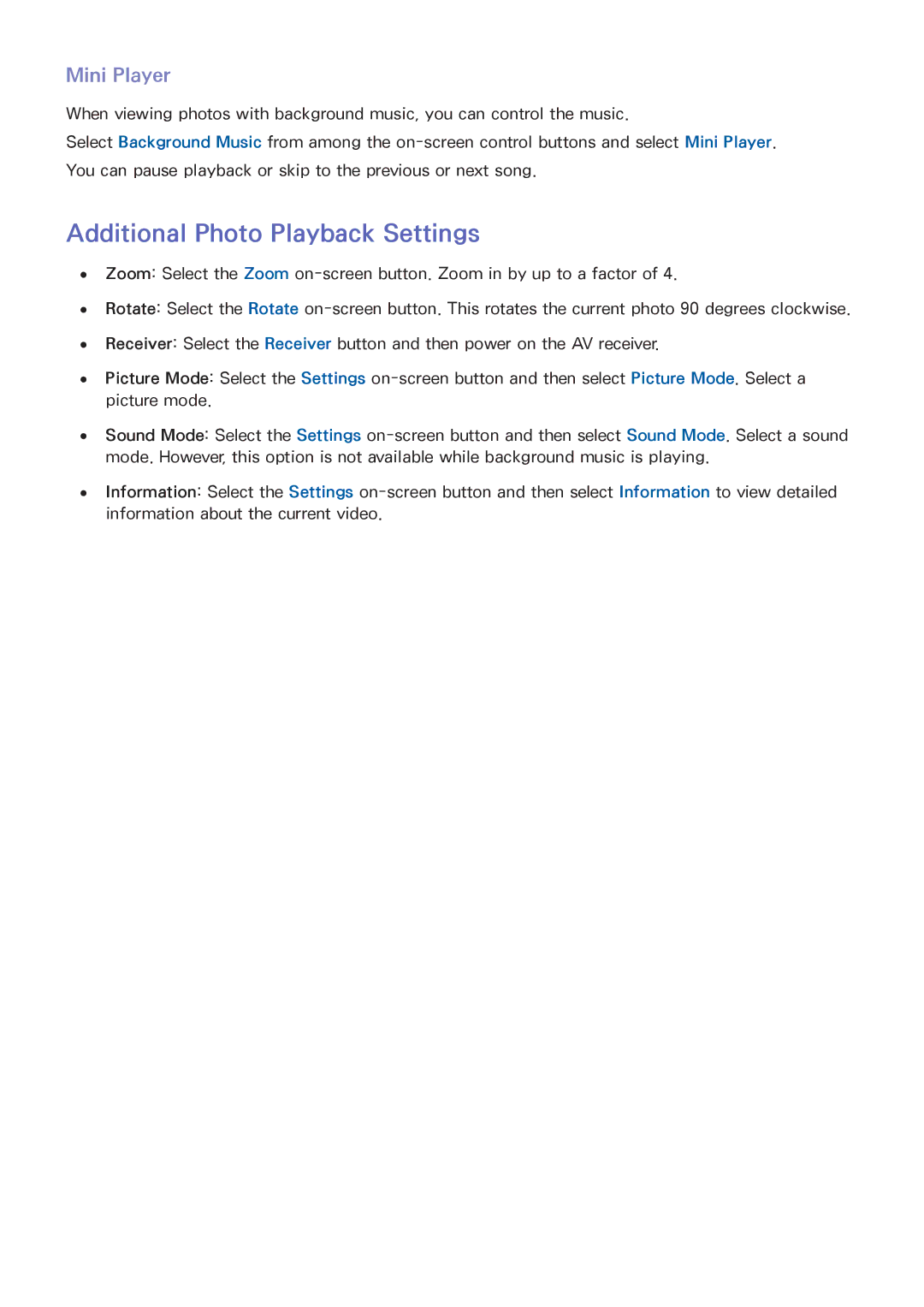 Samsung UA110S9VRXZN, UA110S9VRXUM, UA110S9ARXUM manual Additional Photo Playback Settings, Mini Player 
