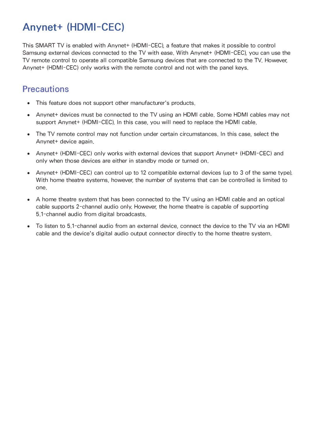 Samsung UA110S9ARXUM, UA110S9VRXUM, UA110S9VRXZN manual Anynet+ HDMI-CEC, Precautions 