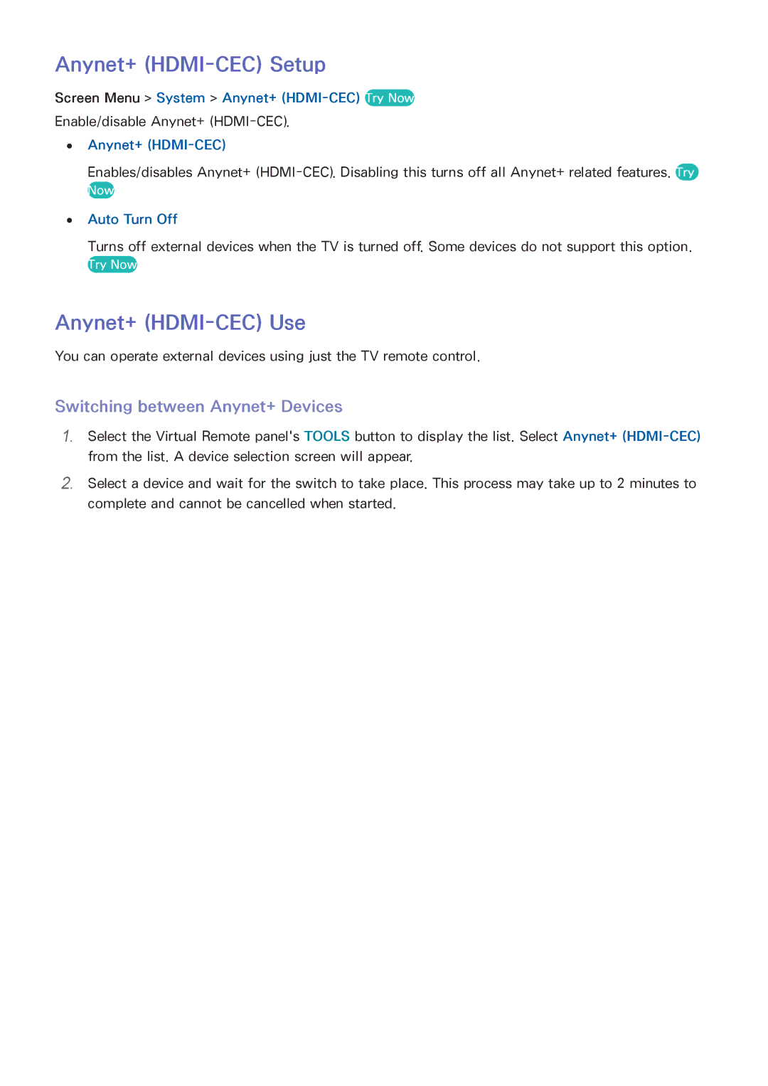 Samsung UA110S9VRXUM manual Anynet+ HDMI-CEC Setup, Anynet+ HDMI-CEC Use, Switching between Anynet+ Devices, Auto Turn Off 