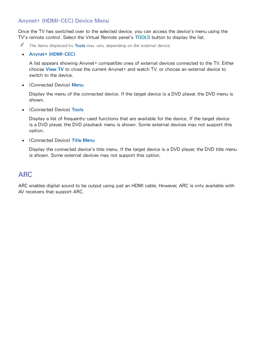 Samsung UA110S9VRXZN, UA110S9VRXUM, UA110S9ARXUM manual Arc, Anynet+ HDMI-CEC Device Menu 