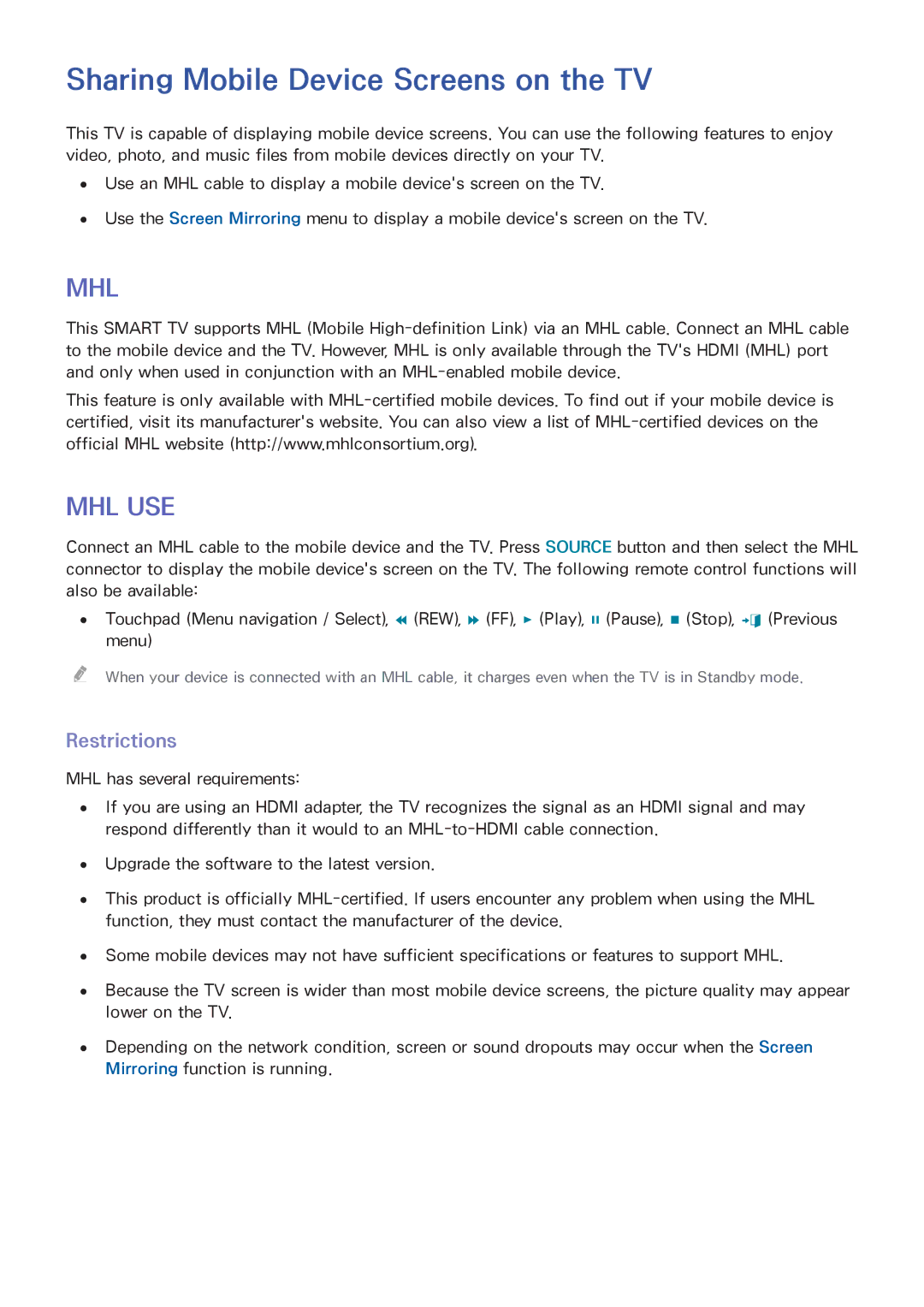 Samsung UA110S9ARXUM, UA110S9VRXUM, UA110S9VRXZN manual Sharing Mobile Device Screens on the TV, Restrictions 