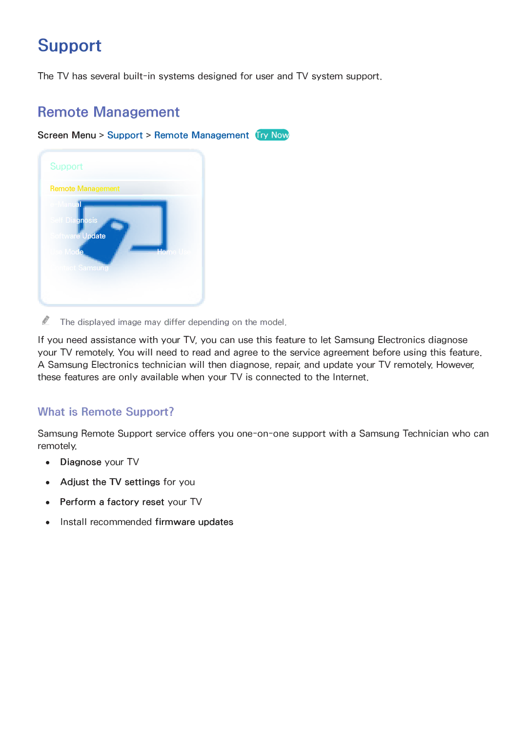 Samsung UA110S9VRXZN, UA110S9VRXUM manual What is Remote Support?, Screen Menu Support Remote Management Try Now 