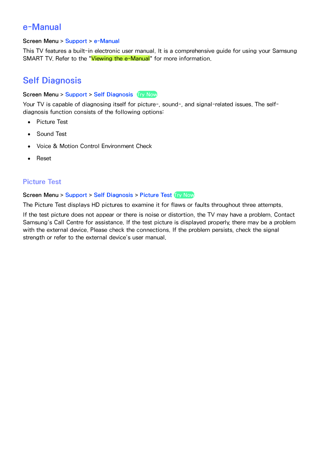 Samsung UA110S9VRXUM, UA110S9VRXZN, UA110S9ARXUM manual Manual, Self Diagnosis, Picture Test 