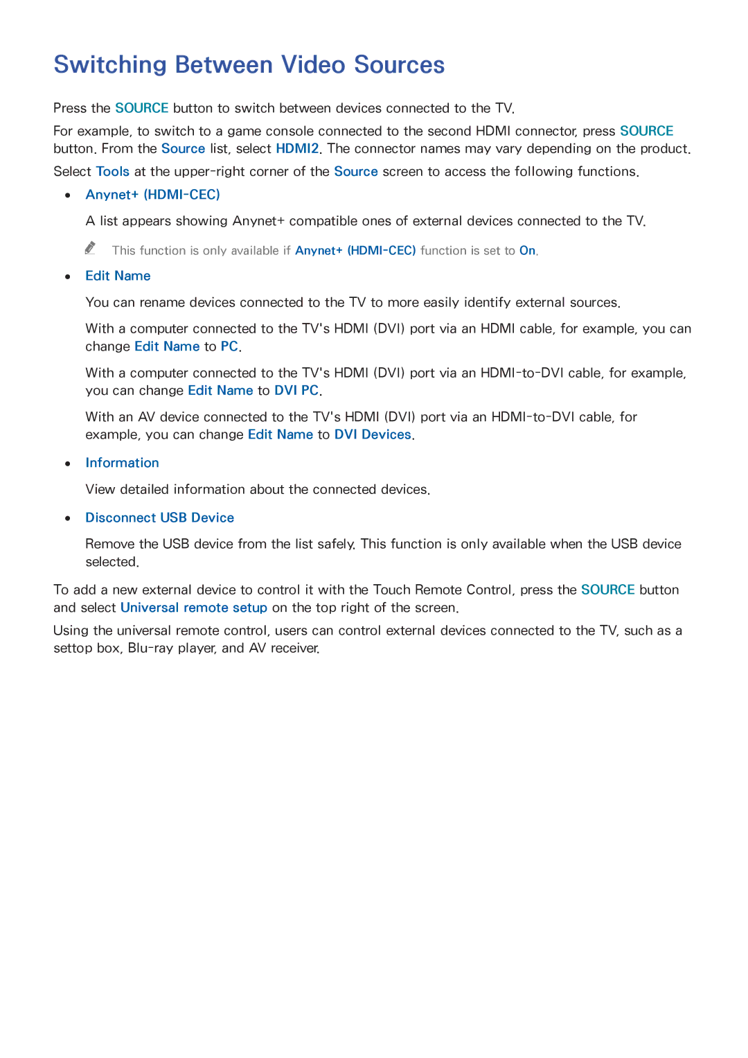 Samsung UA110S9VRXZN Switching Between Video Sources, Anynet+ HDMI-CEC, Edit Name, Information, Disconnect USB Device 