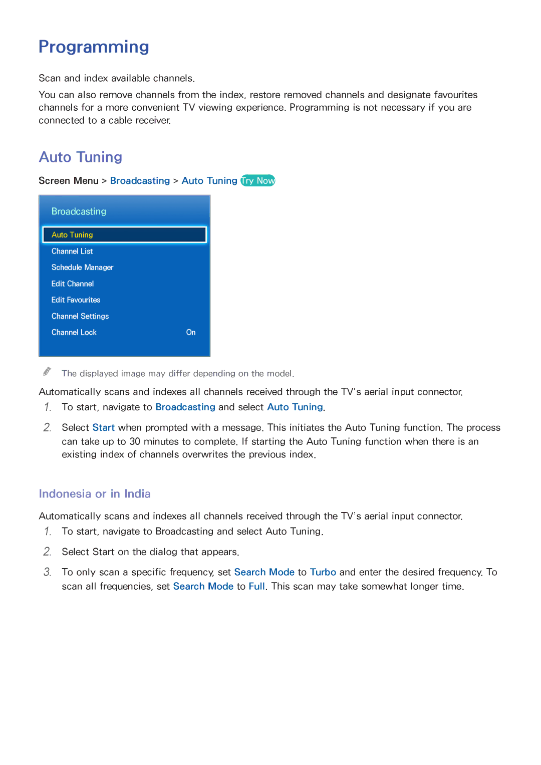 Samsung UA110S9ARXUM, UA110S9VRXUM Programming, Indonesia or in India, Screen Menu Broadcasting Auto Tuning Try Now 