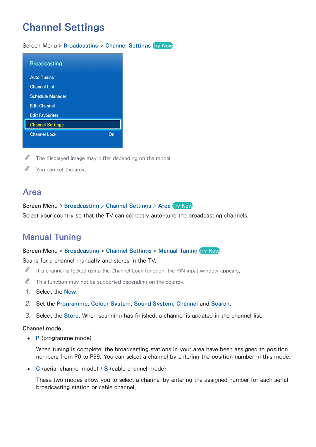 Samsung UA110S9VRXUM, UA110S9VRXZN, UA110S9ARXUM Area, Manual Tuning, Screen Menu Broadcasting Channel Settings Try Now 