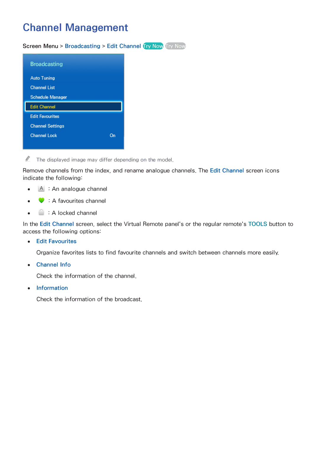 Samsung UA110S9VRXZN manual Channel Management, Screen Menu Broadcasting Edit Channel Try Now Try Now, Edit Favourites 