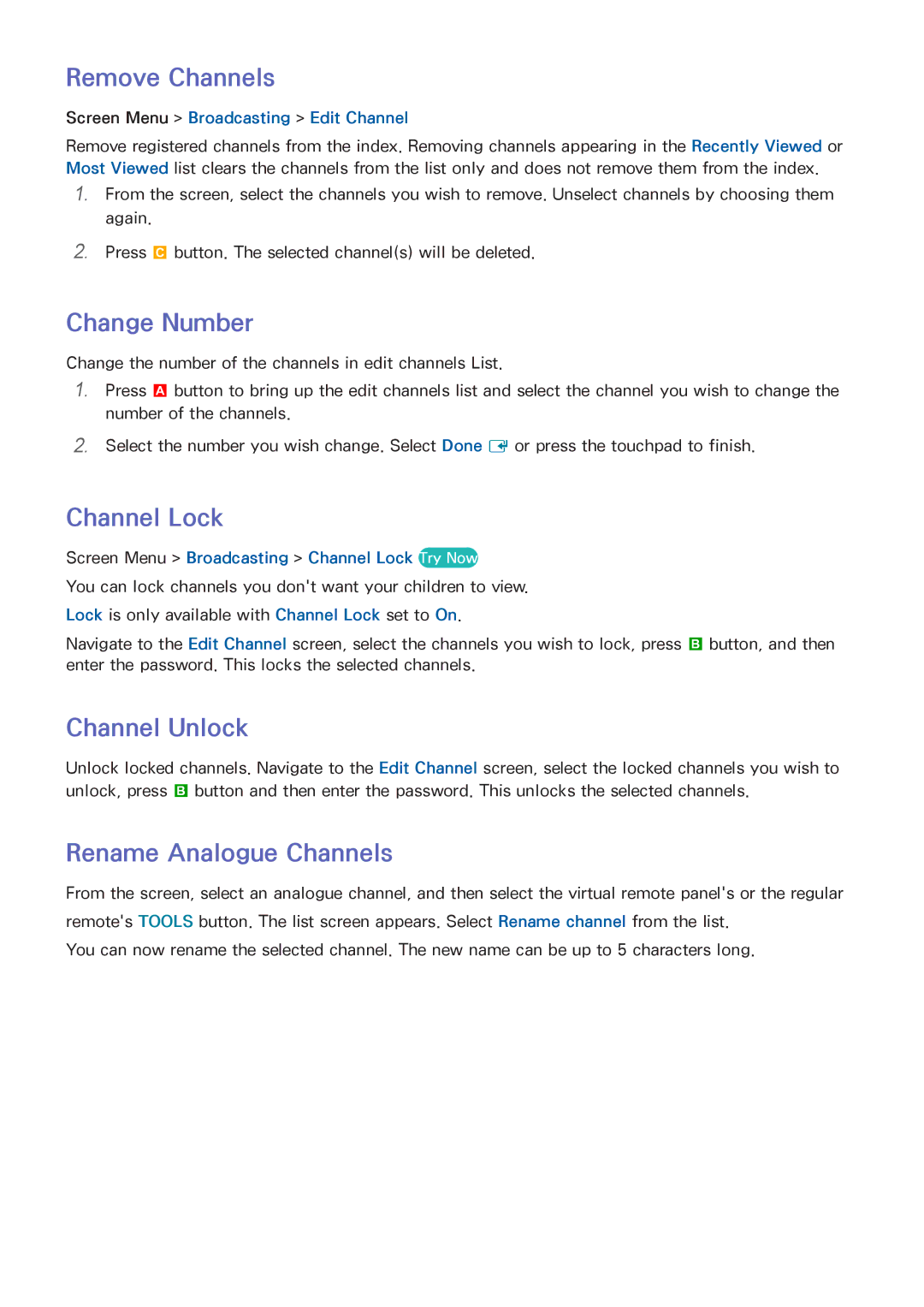 Samsung UA110S9ARXUM, UA110S9VRXUM Remove Channels, Change Number, Channel Lock, Channel Unlock, Rename Analogue Channels 