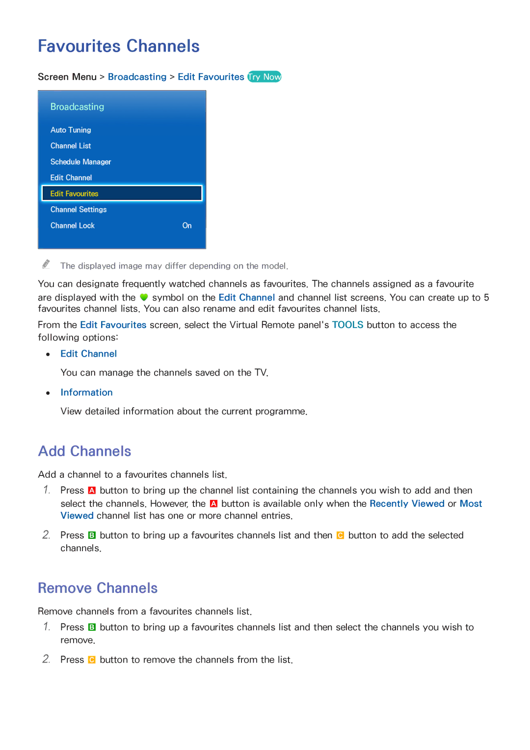 Samsung UA110S9VRXUM Favourites Channels, Add Channels, Screen Menu Broadcasting Edit Favourites Try Now, Edit Channel 