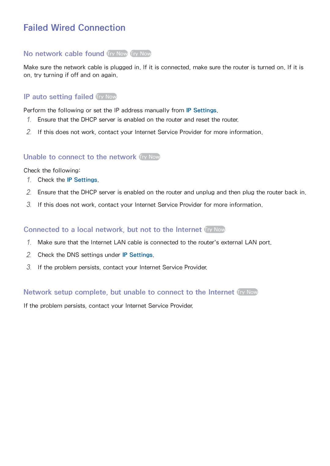 Samsung UA110S9VRXUM manual Failed Wired Connection, No network cable found Try Now Try Now, IP auto setting failed Try Now 