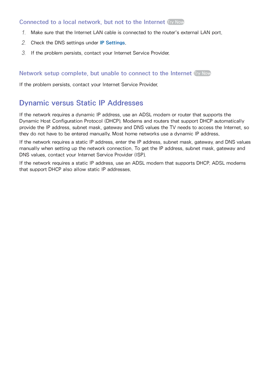 Samsung UA110S9ARXUM, UA110S9VRXUM, UA110S9VRXZN manual Dynamic versus Static IP Addresses 