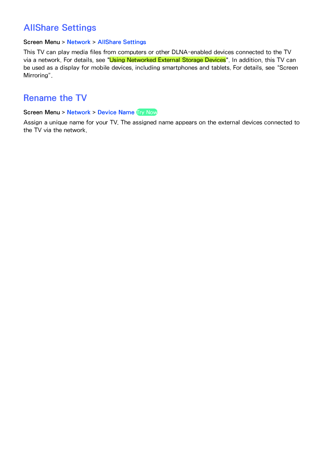 Samsung UA110S9VRXZN Rename the TV, Screen Menu Network AllShare Settings, Screen Menu Network Device Name Try Now 