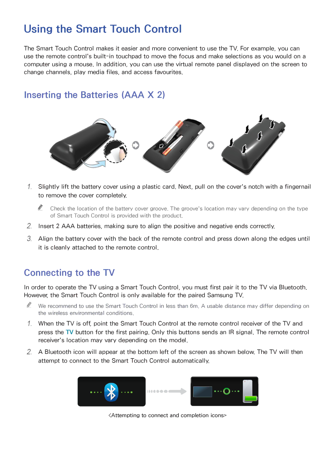 Samsung UA110S9ARXUM, UA110S9VRXUM manual Using the Smart Touch Control, Inserting the Batteries AAA X, Connecting to the TV 