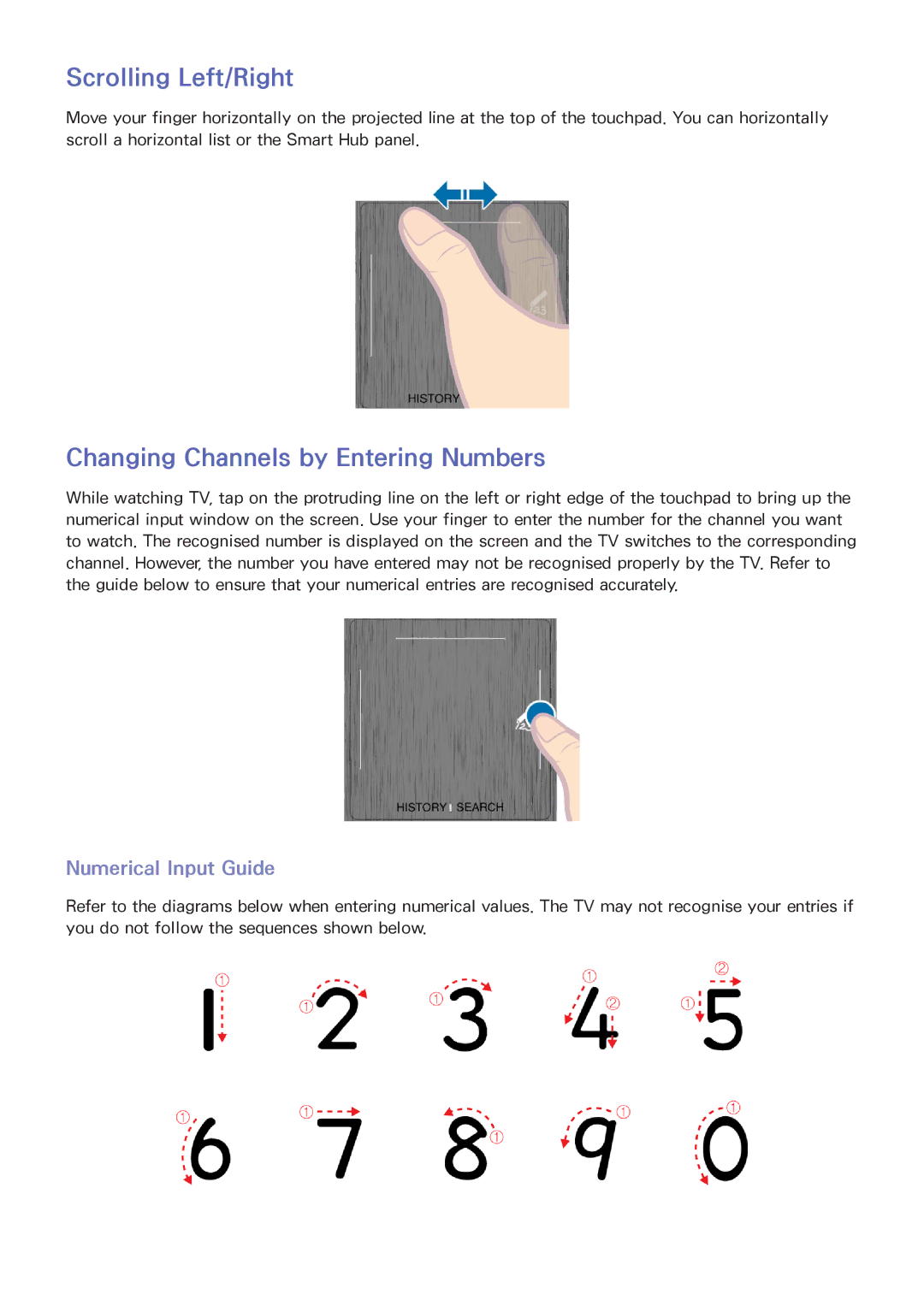 Samsung UA110S9VRXUM, UA110S9VRXZN manual Scrolling Left/Right, Changing Channels by Entering Numbers, Numerical Input Guide 