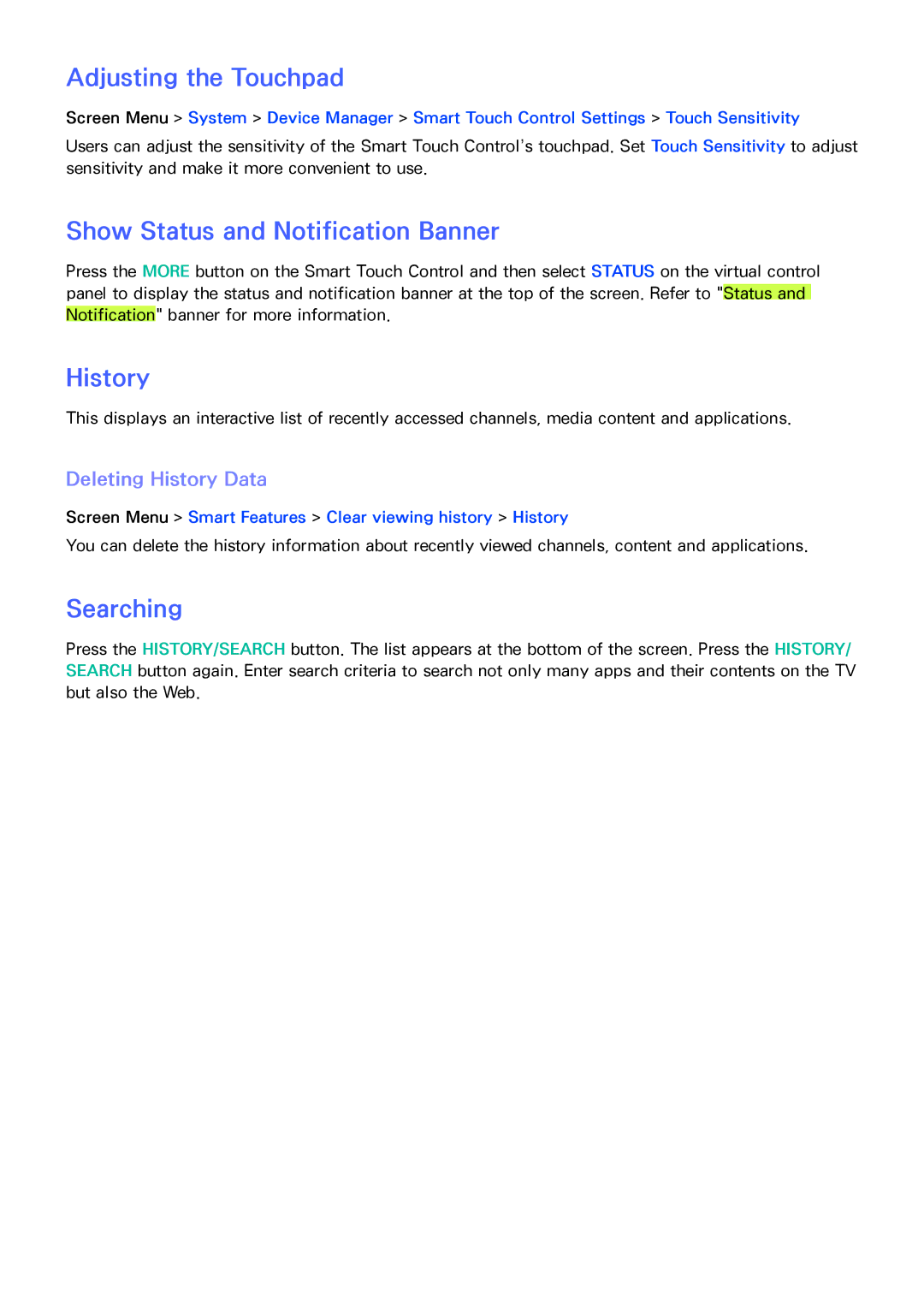 Samsung UA110S9VRXZN, UA110S9VRXUM manual Adjusting the Touchpad, Show Status and Notification Banner, History, Searching 