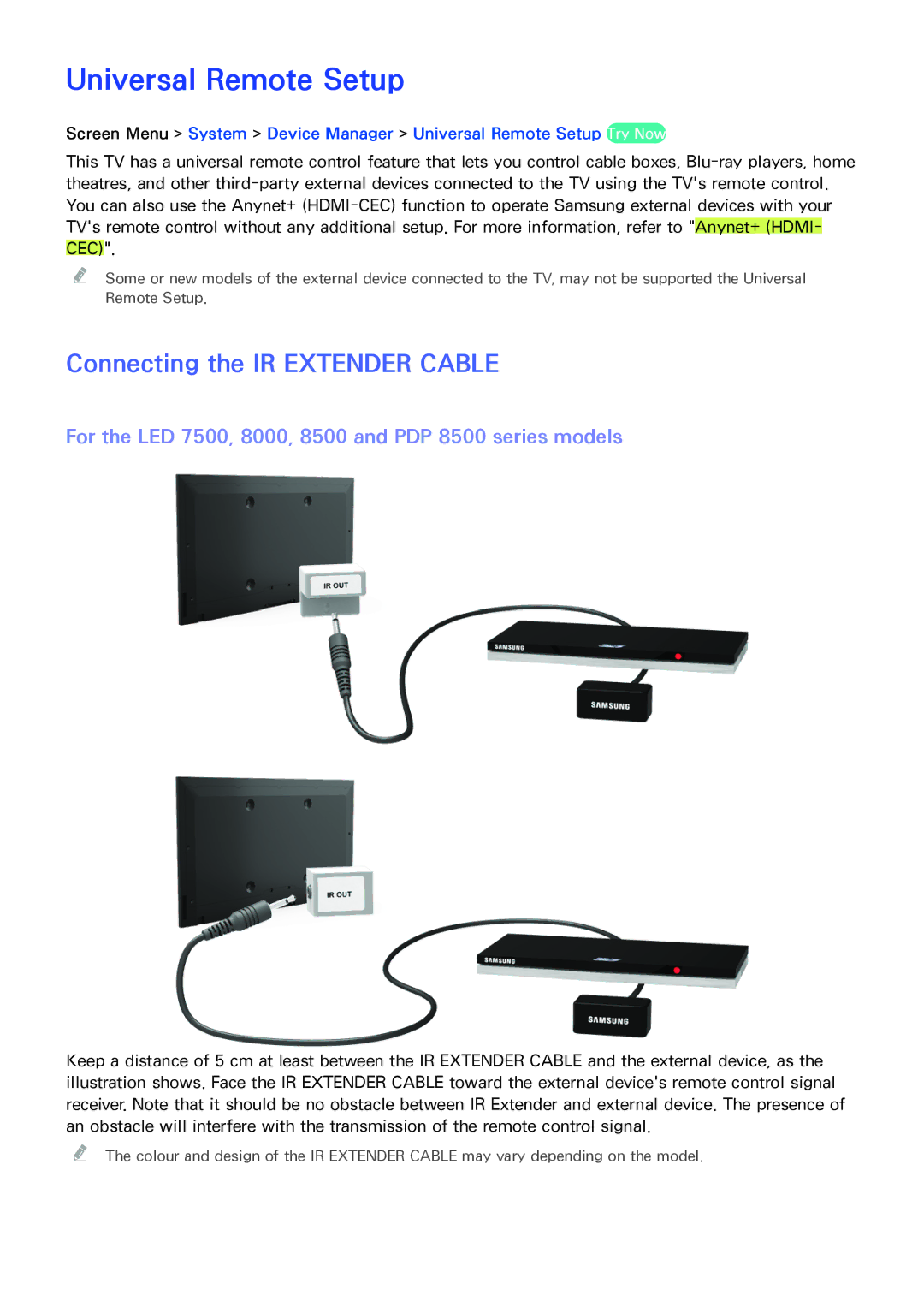 Samsung UA110S9VRXUM, UA110S9VRXZN, UA110S9ARXUM manual Universal Remote Setup, Connecting the IR Extender Cable 