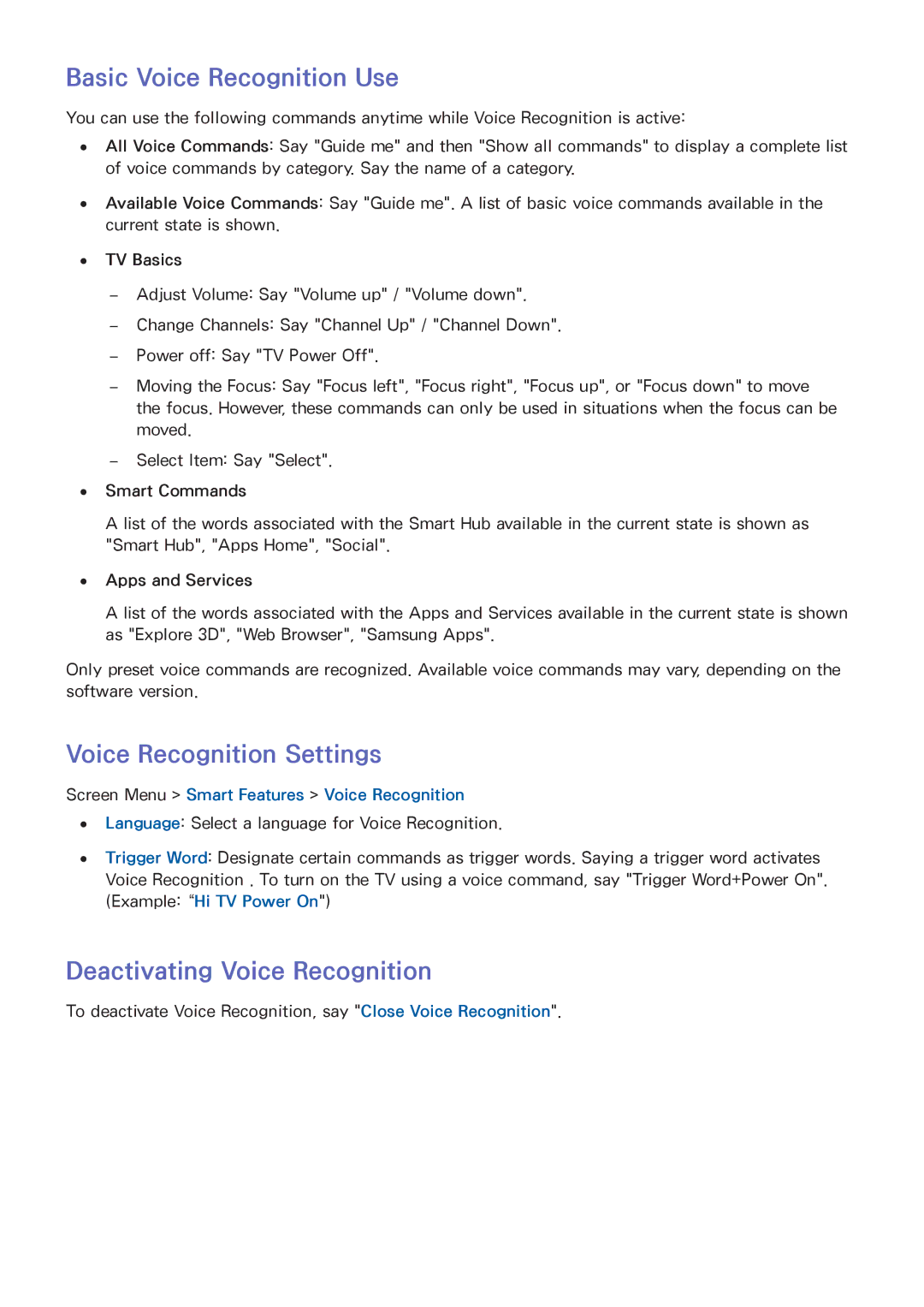 Samsung UA110S9ARXUM, UA110S9VRXUM Basic Voice Recognition Use, Voice Recognition Settings, Deactivating Voice Recognition 