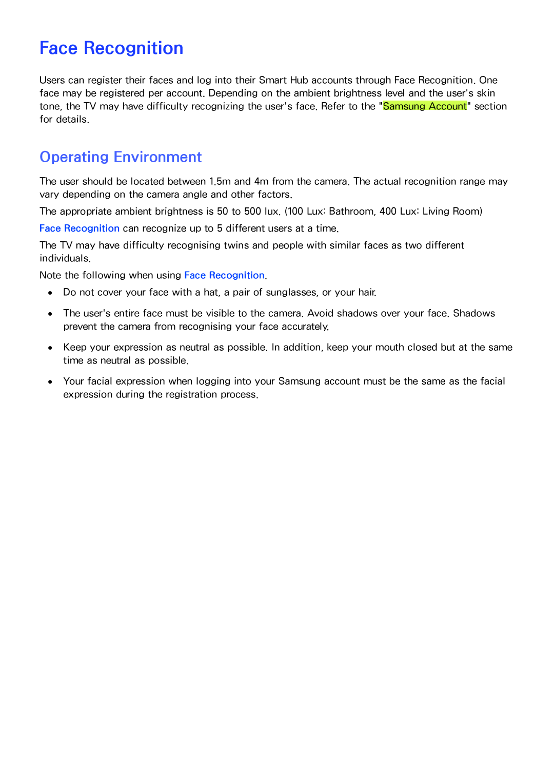 Samsung UA110S9VRXUM, UA110S9VRXZN, UA110S9ARXUM manual Face Recognition, Operating Environment 