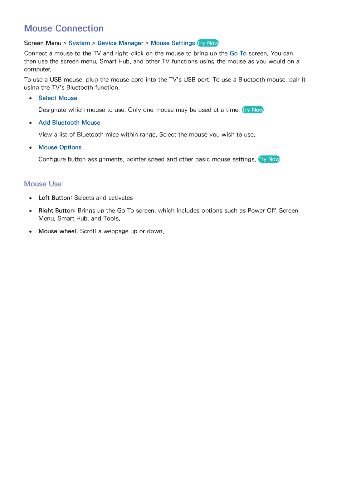 Samsung UA110S9VRXUM, UA110S9VRXZN, UA110S9ARXUM manual Mouse Connection, Mouse Use 