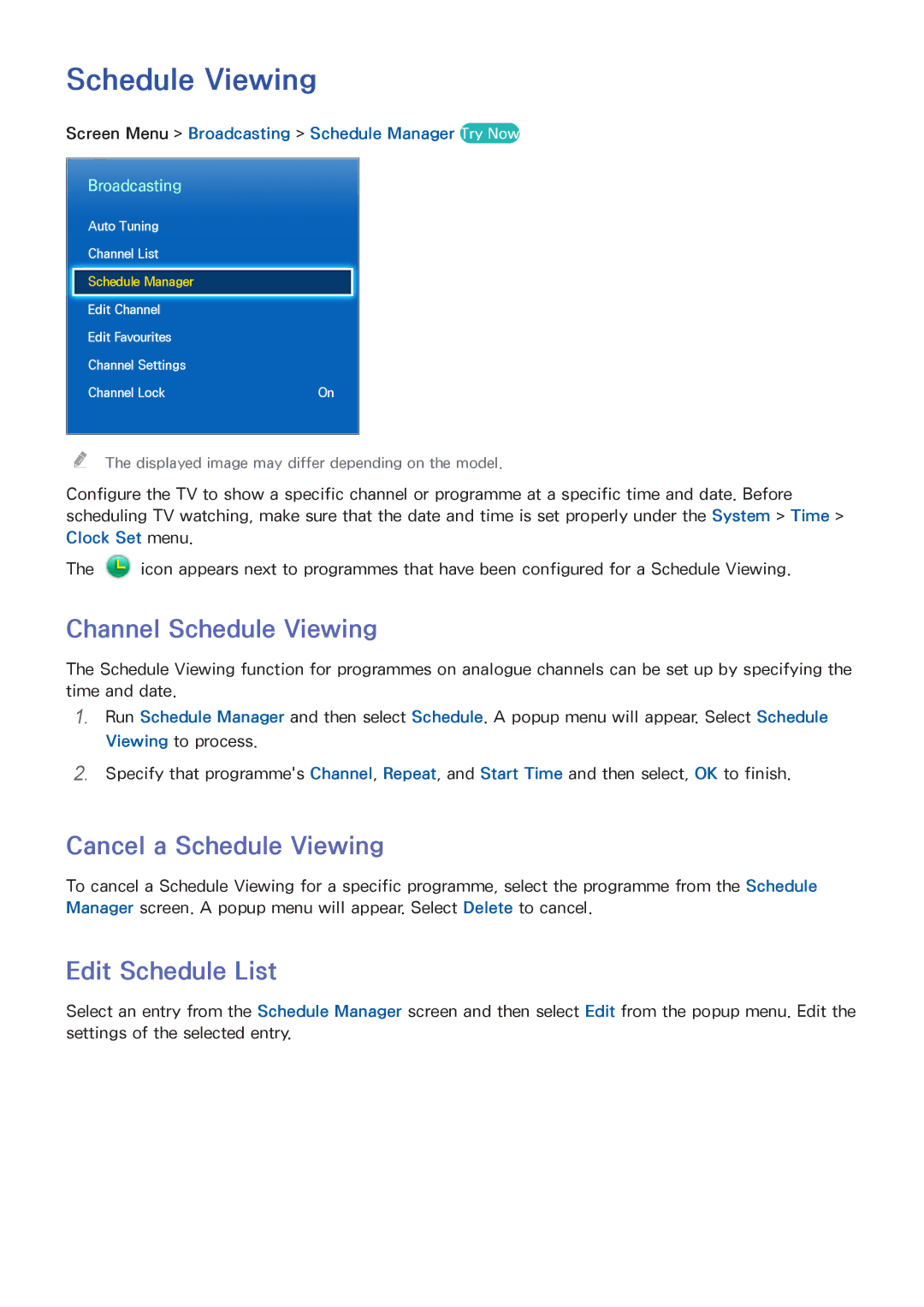 Samsung UA110S9VRXUM, UA110S9VRXZN manual Channel Schedule Viewing, Cancel a Schedule Viewing, Edit Schedule List 